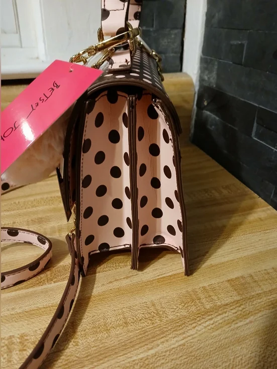 Betsey Johnson NWT Pink & Brown Polka Dot Mini Tote/Crossbody & Fluffy Bag Charm - Picture 3 of 6
